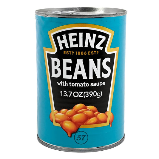 Can of Heinz Beans with tomato sauce on a white background