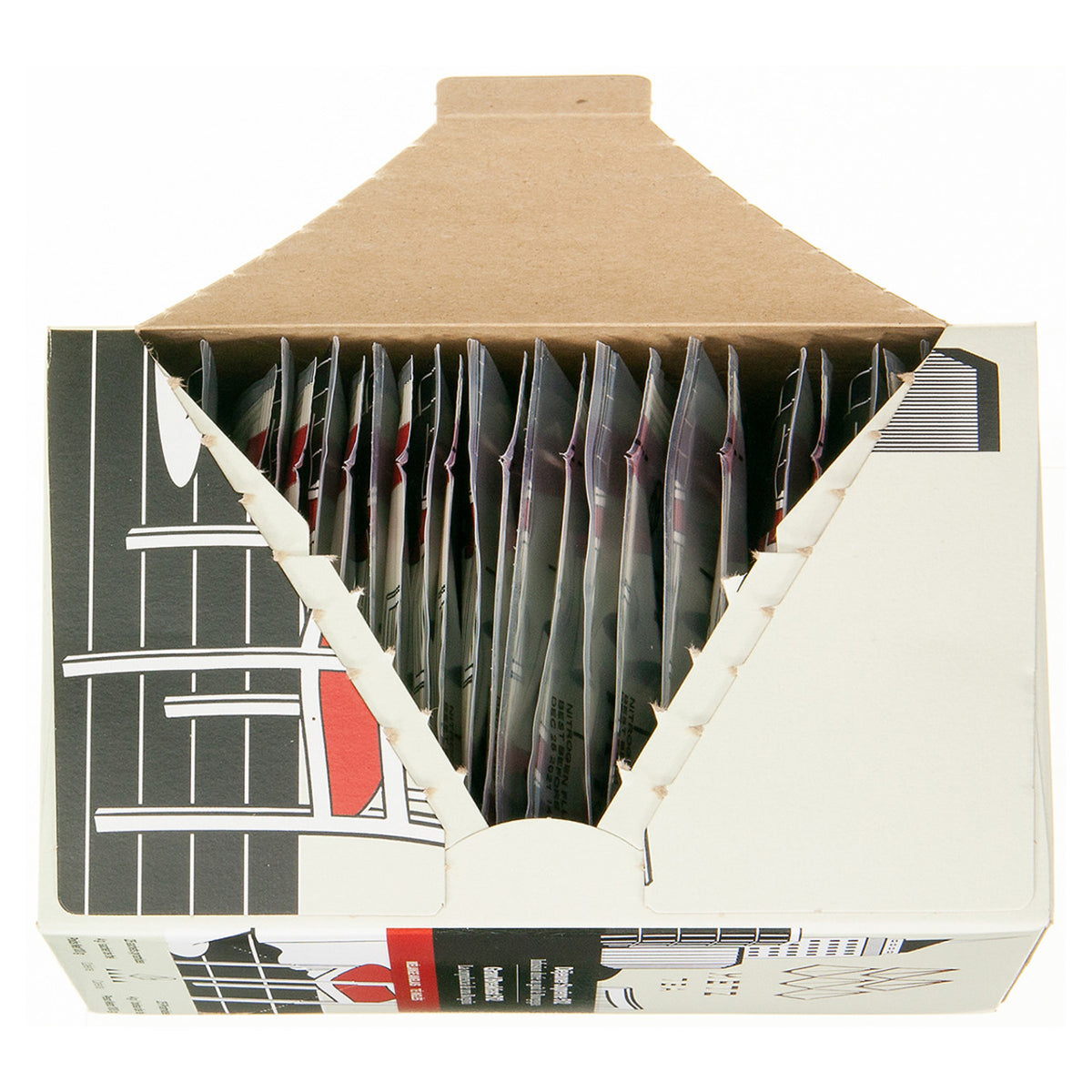 A top-down view of a box of Metz tea featuring individually wrapped teabags.