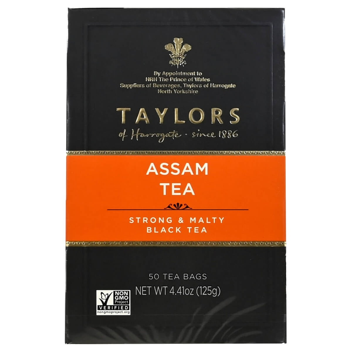 Taylors Assam Tea packaging with black and orange design on a white background