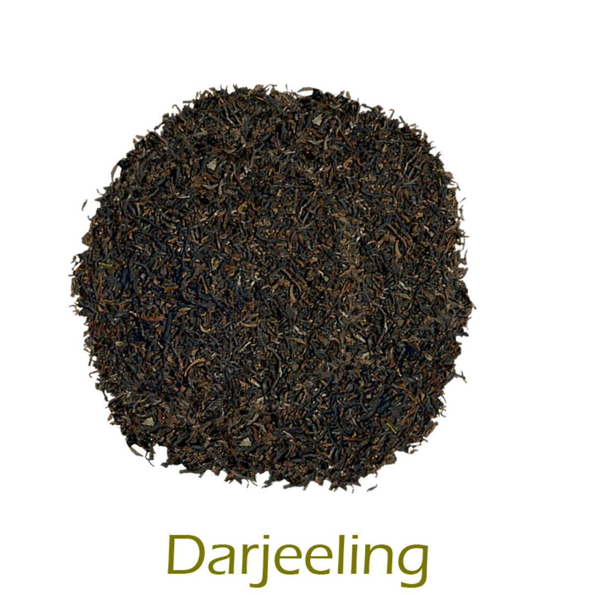 Darjeeling loose-leaf tea in a circular pattern on a white background with product name callout at the bottom