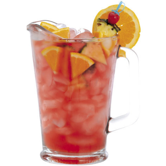 Glass pitcher of light red iced tea with slices and chunks of oranges and pineapple all on a white background.