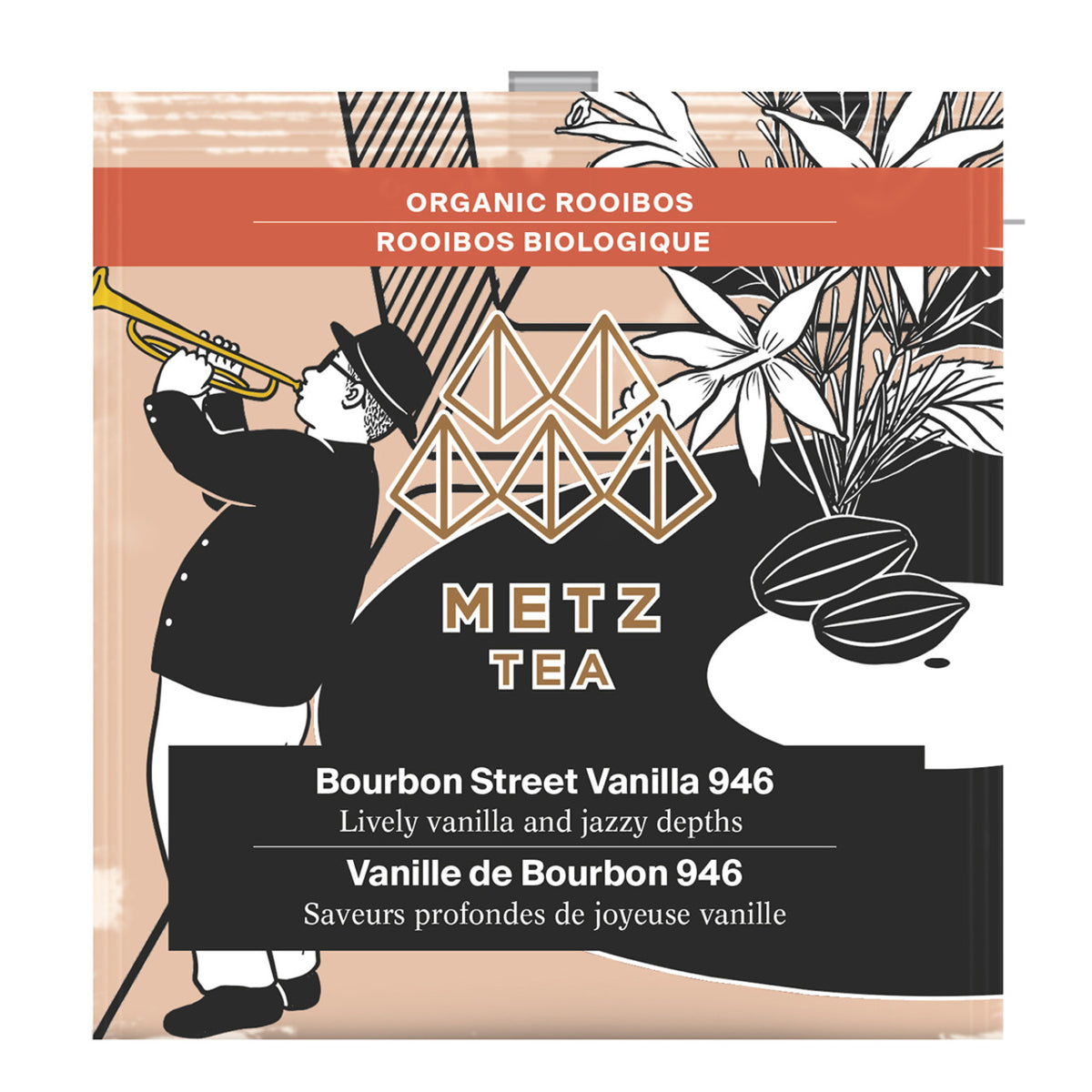 METZ TEA packaging with a vintage illustration of a man playing a trumpet and tea leaves.