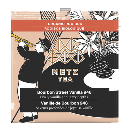 METZ TEA packaging with a vintage illustration of a man playing a trumpet and tea leaves.
