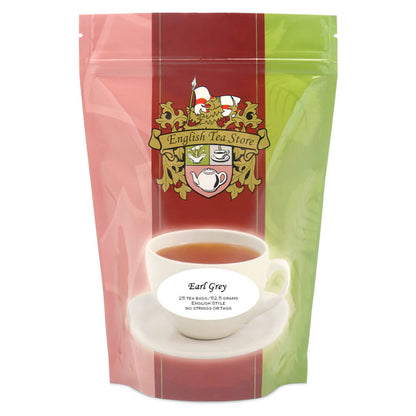 Tea package with 'English Tea Store' logo and 'Earl Grey' text on a white background