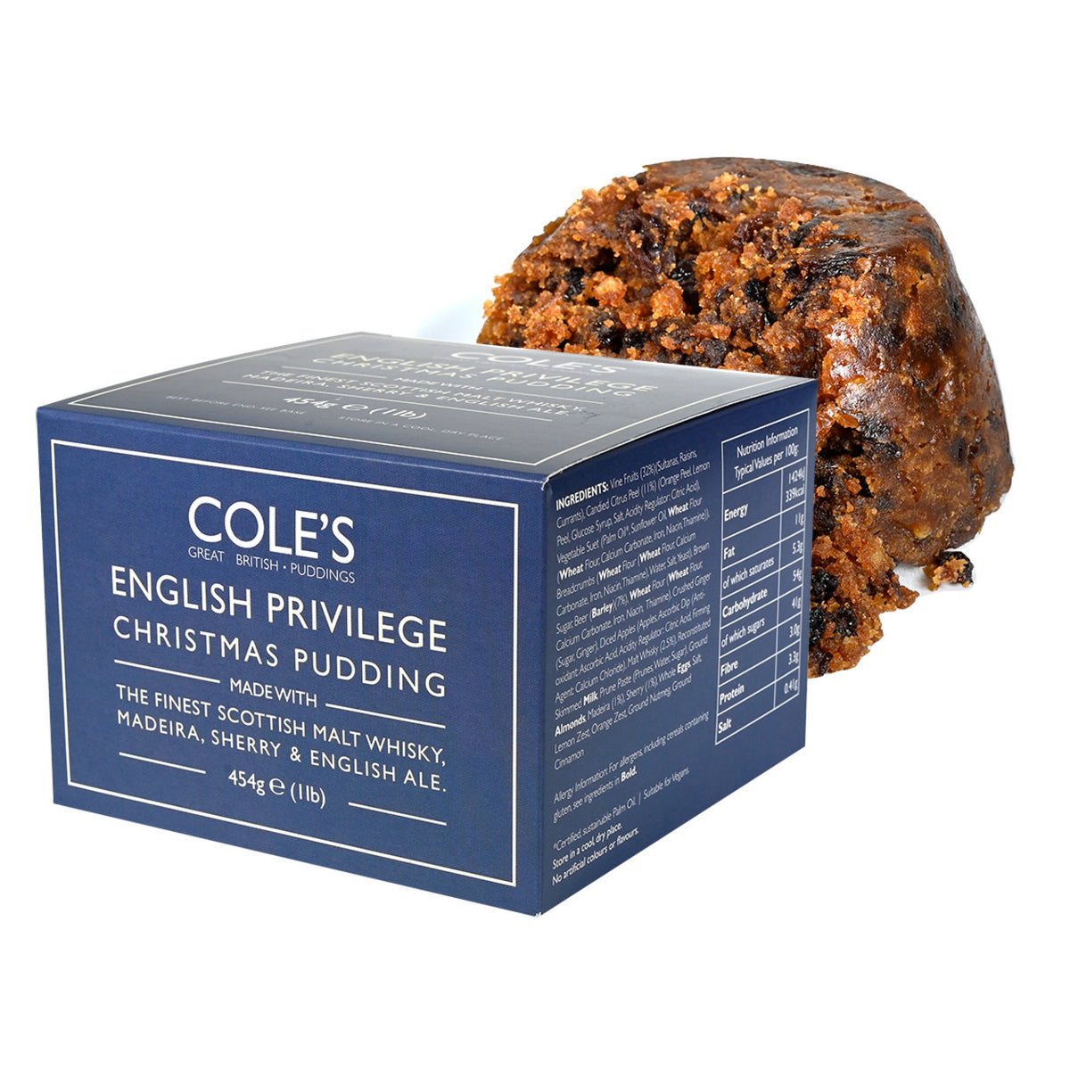 Cole's English Privilege Christmas Pudding with packaging on a white background