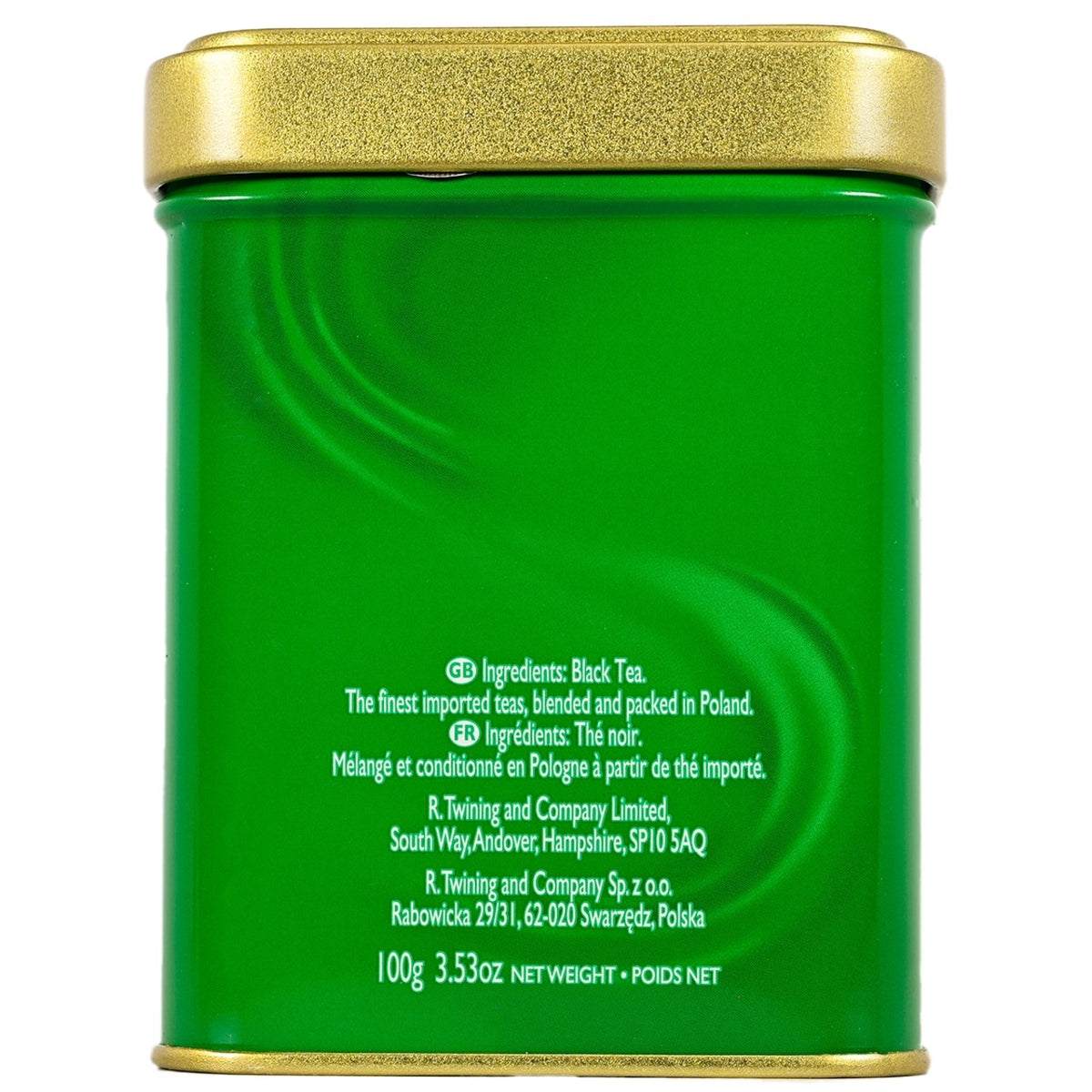 Side view of Twinings Green tea canister with gold lid on a white background