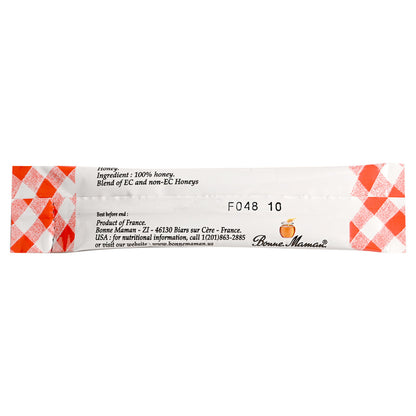 Bonne Maman Honey back side packaging with red and white checkered border on a white background
