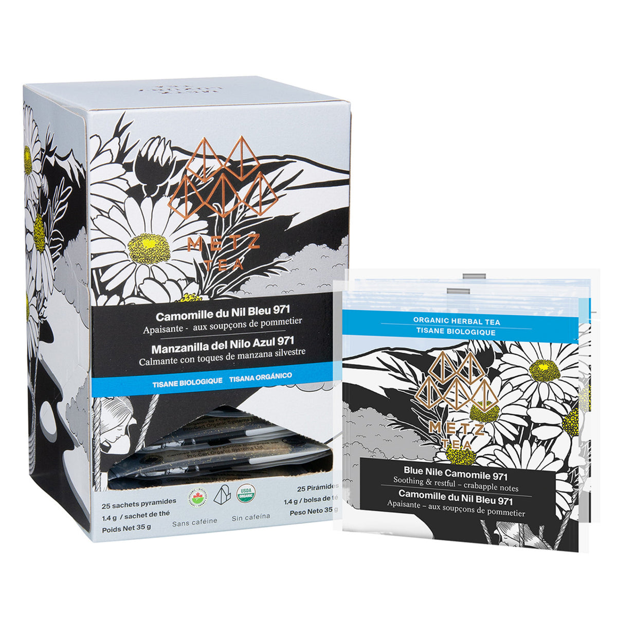 Box of Metz Camomile tea with two wrapped tea bags on the side
