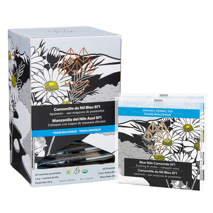 Box of Metz Camomile tea with two wrapped tea bags on the side