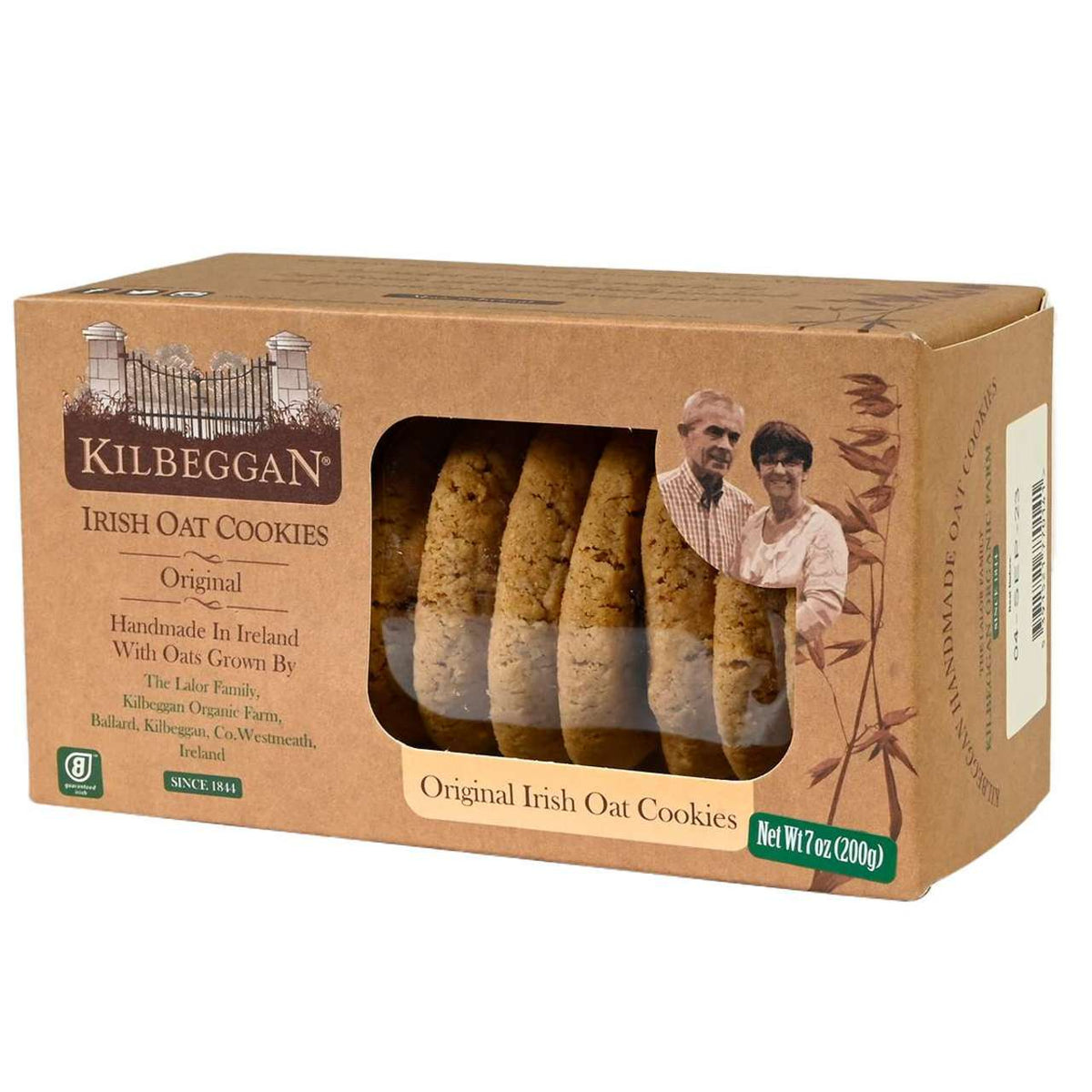 Kilbeggan Irish Oat Cookies packaging with a window showing cookies and an image of two people on a white background.