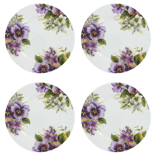 Set of four round bone china plates with floral design featuring purple and white flowers on a white background.