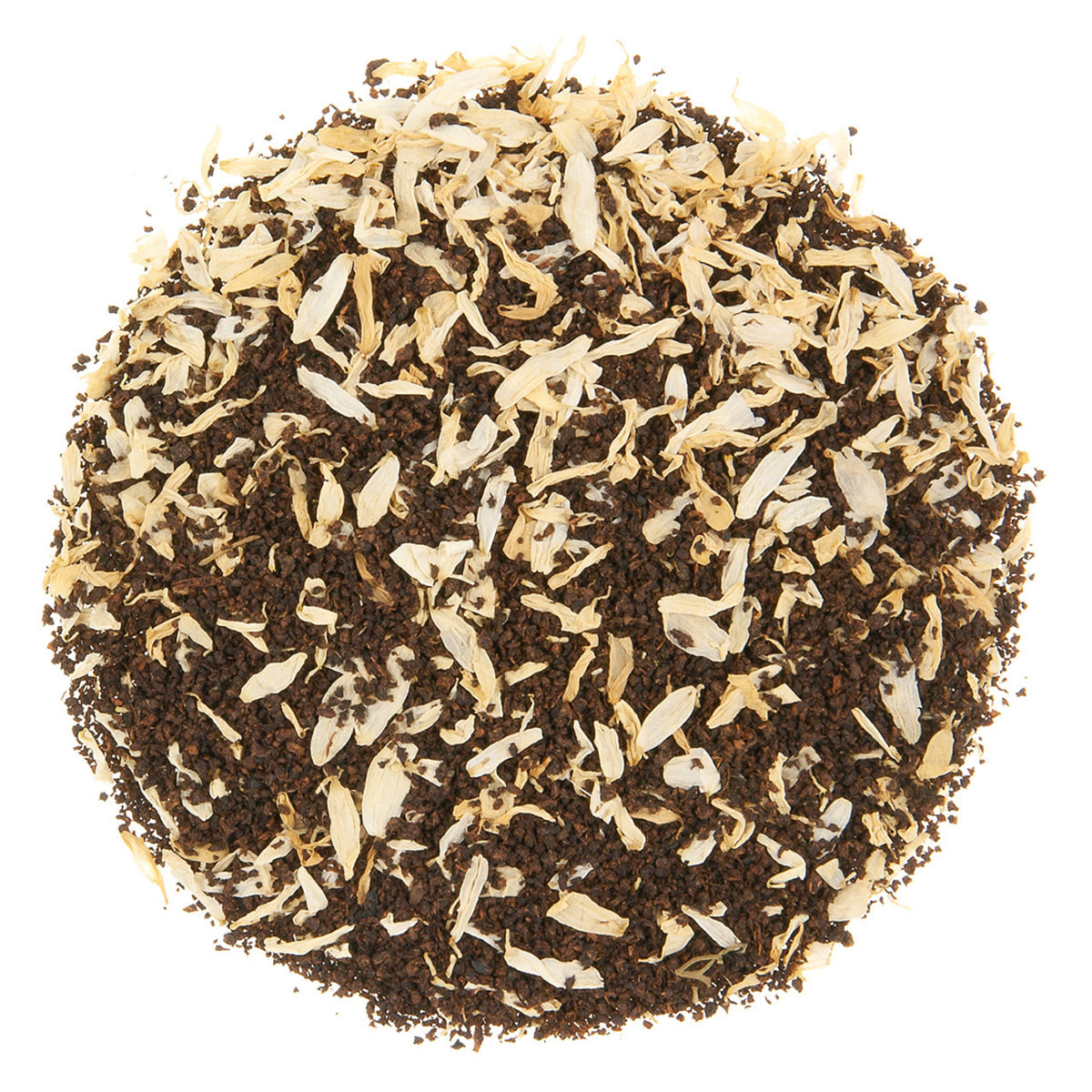 Round mixture of dark brown and beige tea leaves and petals on a white background