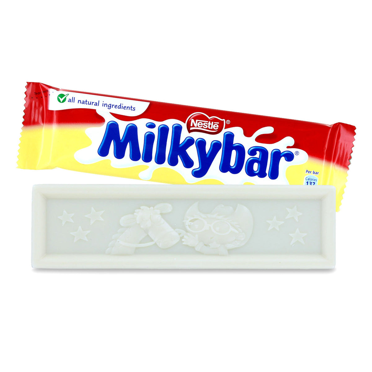 Milkybar chocolate bar with Nestle logo on a white background