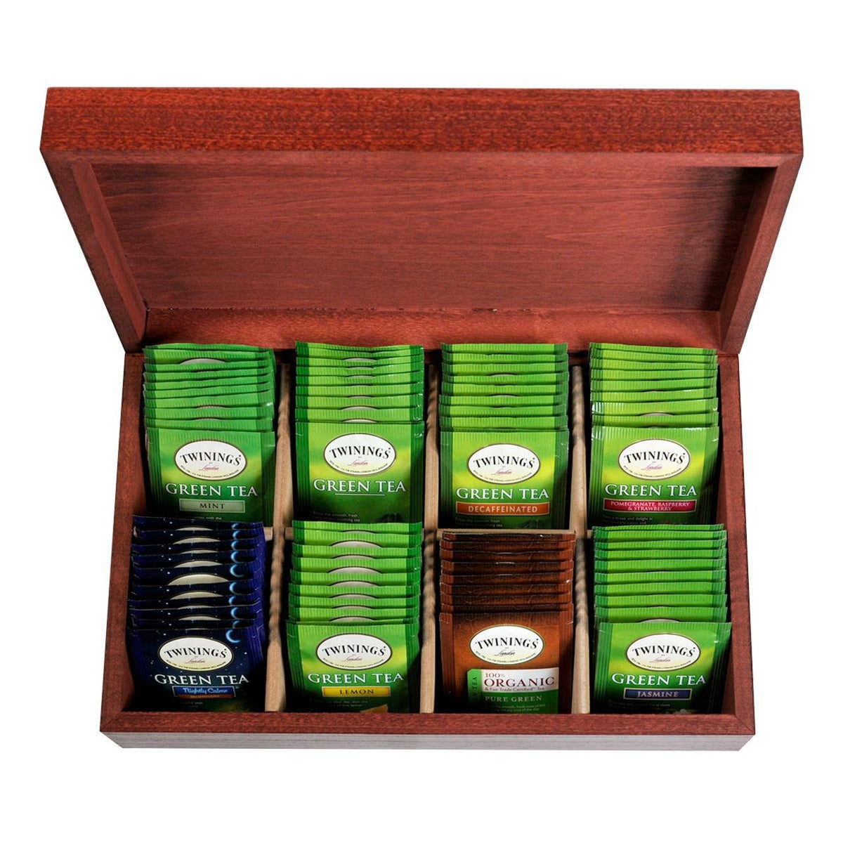 A wooden tea chest with multiple compartments, each filled with individually wrapped Twinings green tea bags.