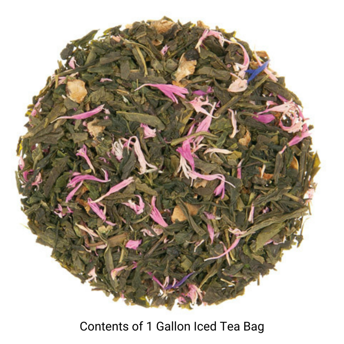 Dried green cucumber melon tea leaves with pink pedals in a circle and text for the 1 gallon iced tea bag it represents all on a white background.