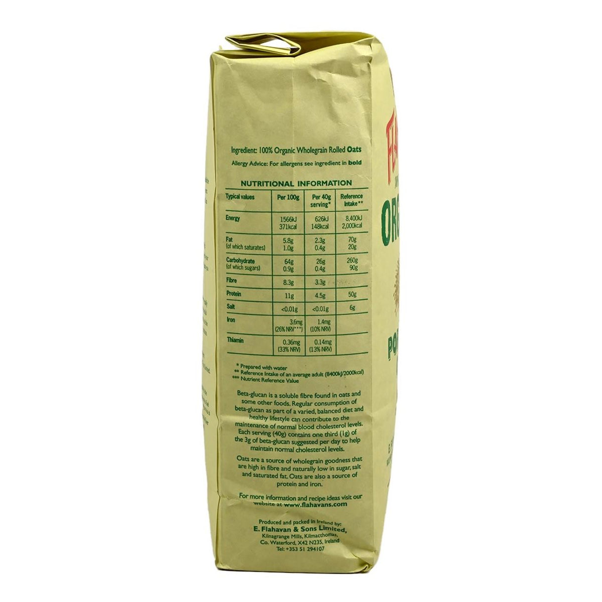 Side view of a bag of Flahavan's Organic Porridge Oats featuring the nutritional information with package on a white background