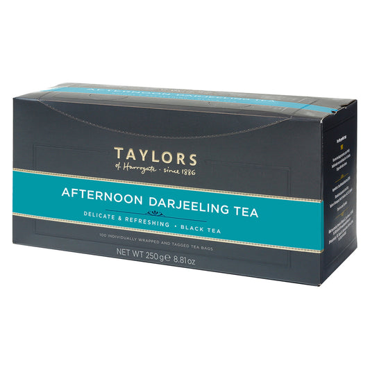 A box of Taylors of Harrogate Afternoon Darjeeling tea bags with string and tag, 100 count.