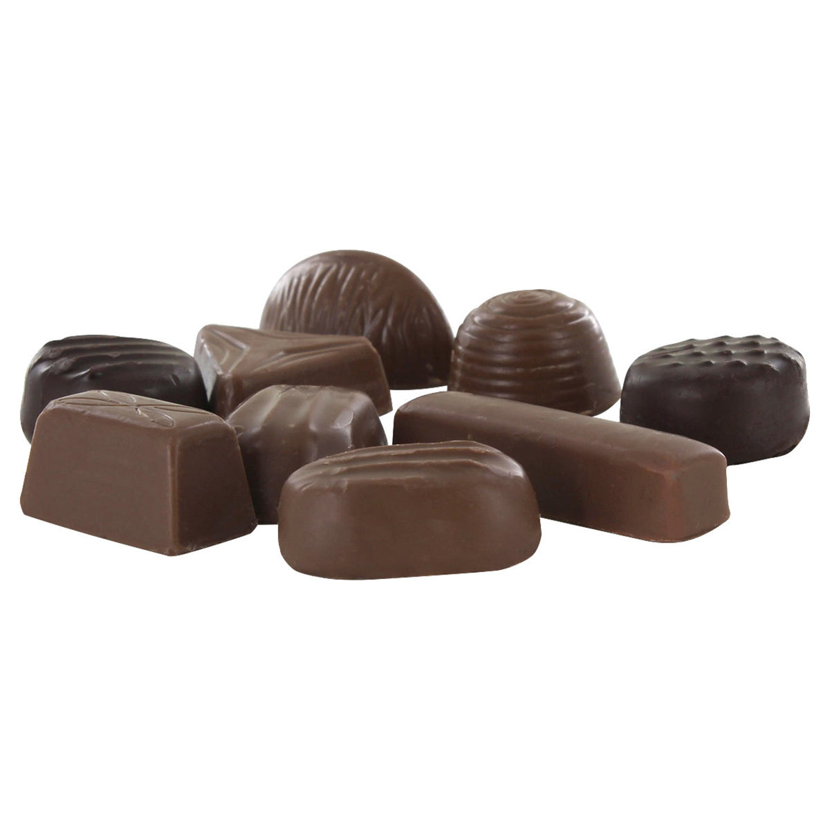 Various chocolate pieces of candy on a white background