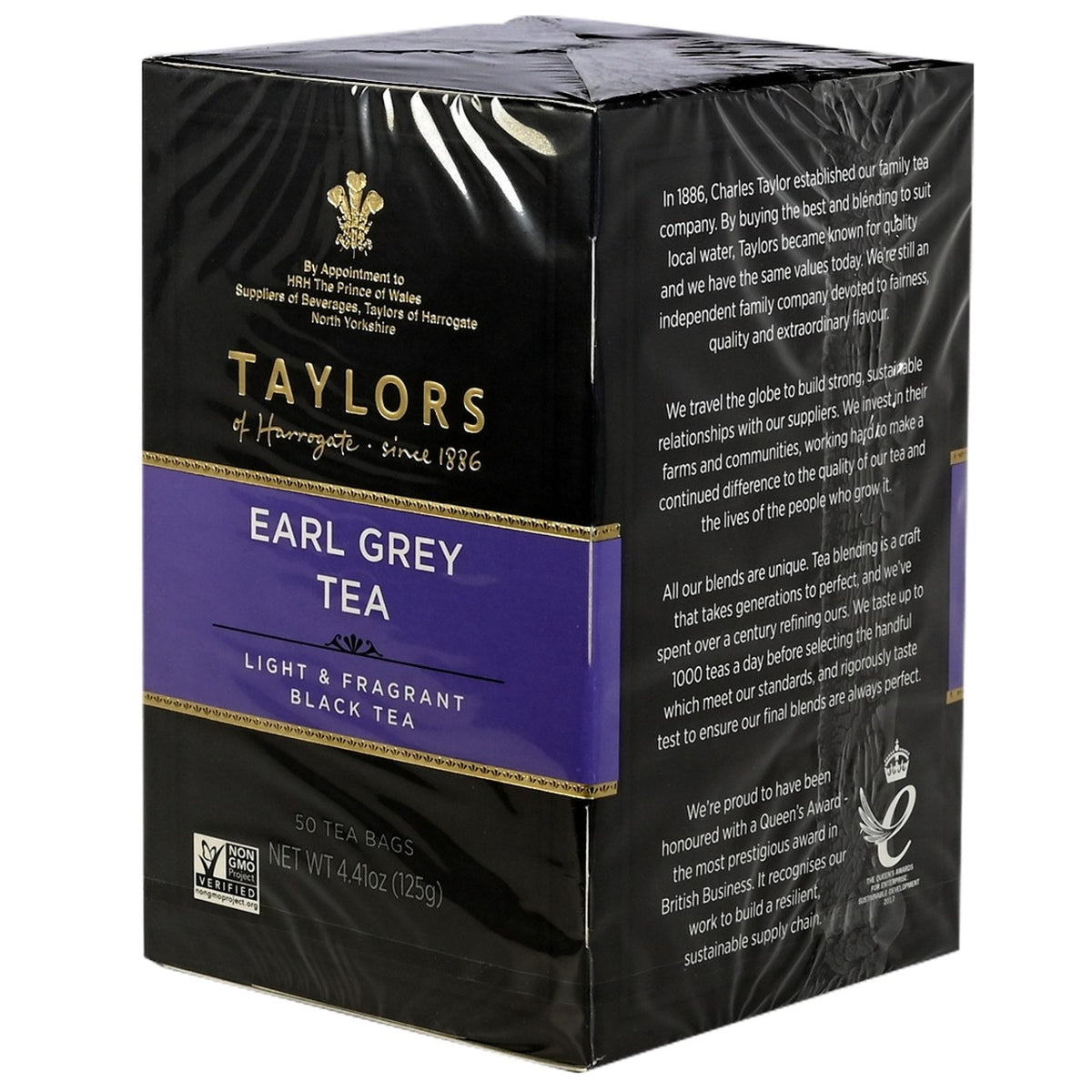Box of Taylors Earl Grey Tea with branding and product details on a black background.  Box is on a white background.