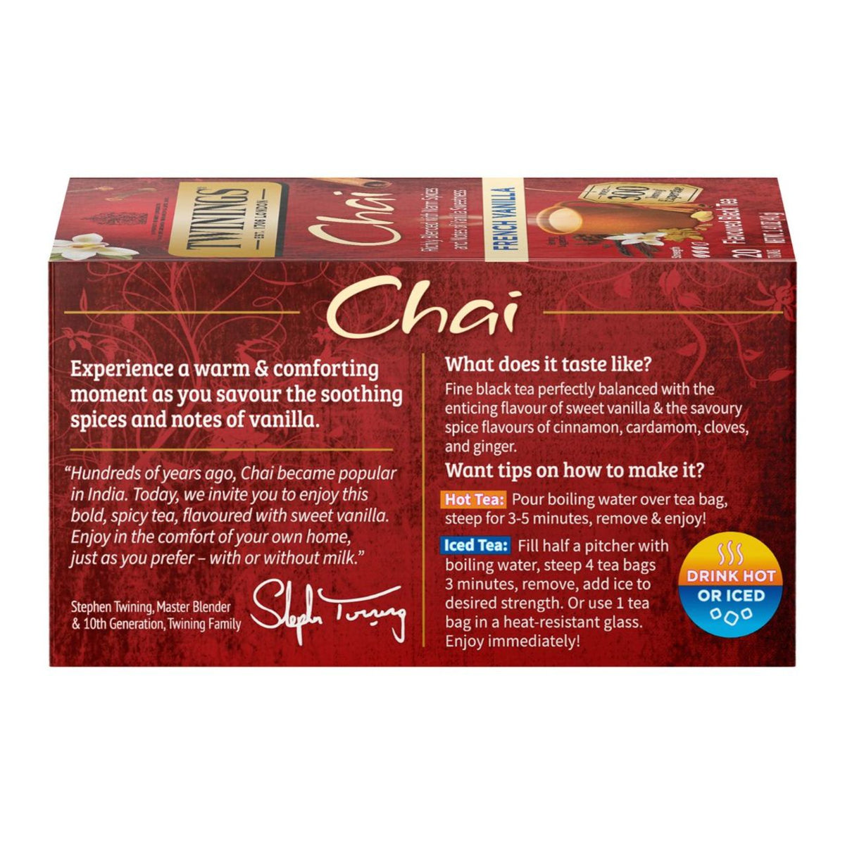 Box of Twinings Chai tea with text and branding on a white background