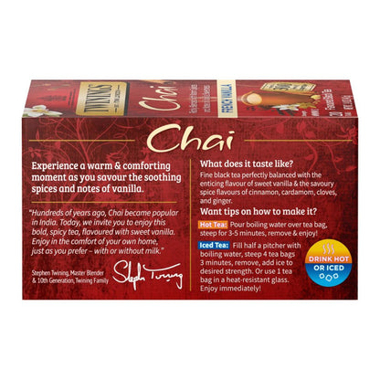 Box of Twinings Chai tea with text and branding on a white background