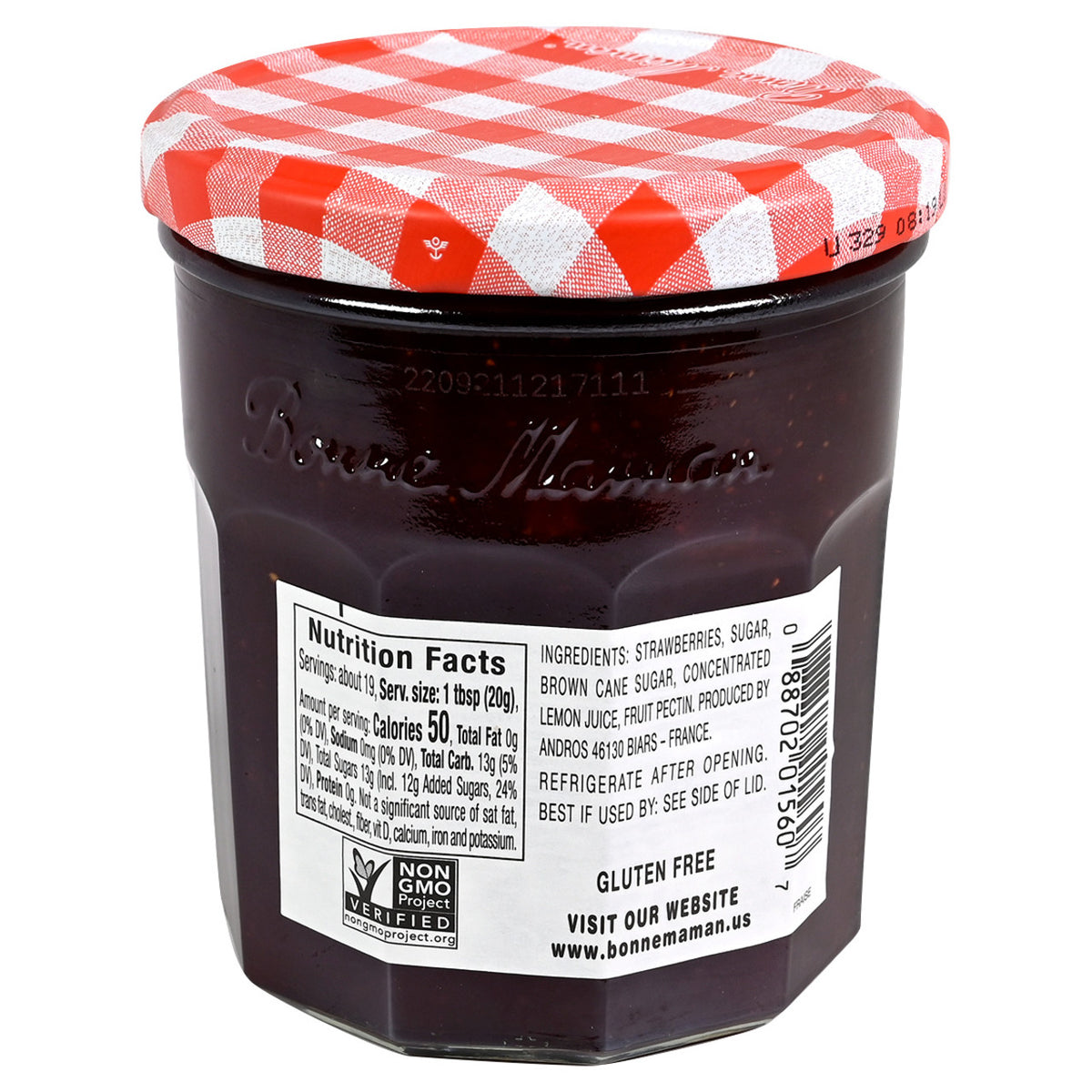 Jar of Bonne Maman strawberry jam with a red and white checkered lid on a white background