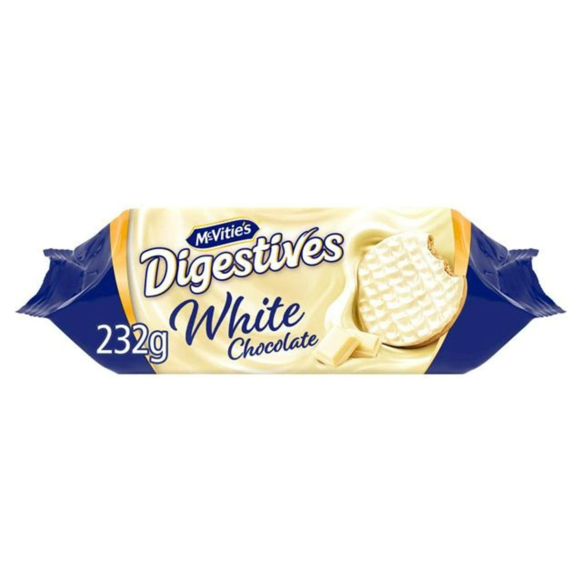 Pack of McVitie's White Chocolate Digestives on a white background