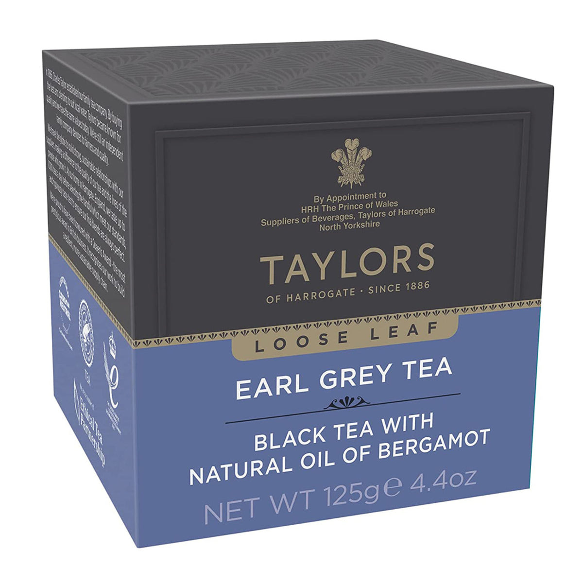 Taylors Earl Grey tea packaging with blue and gray design.