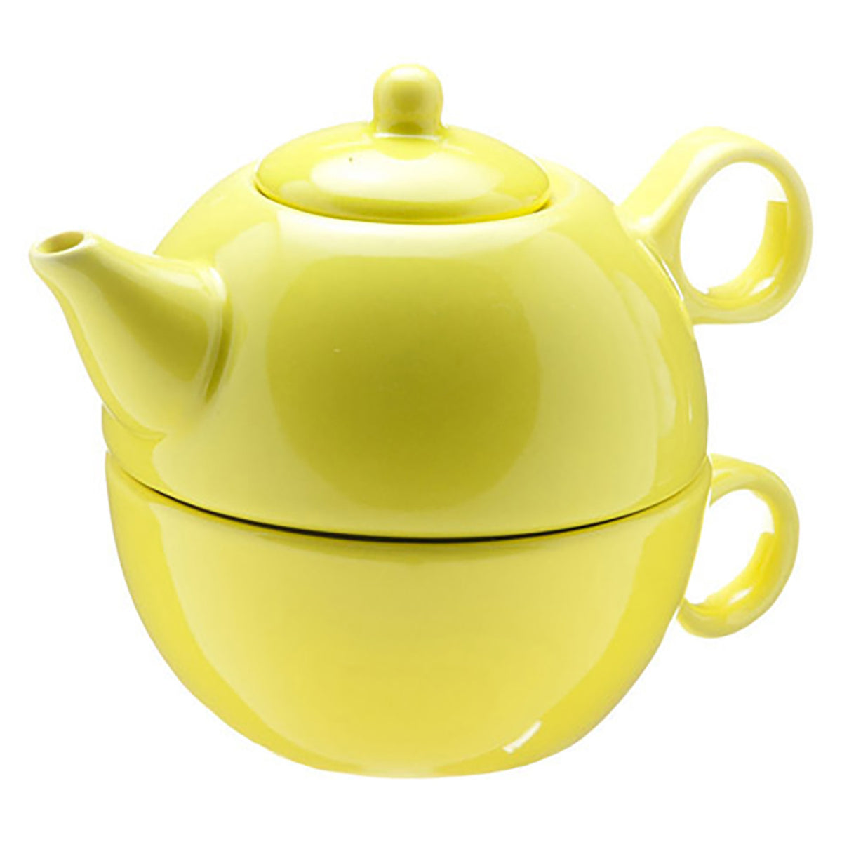Ceramic yellow tea for one tea set featuring the teapot stacked on the matching cup on a white background