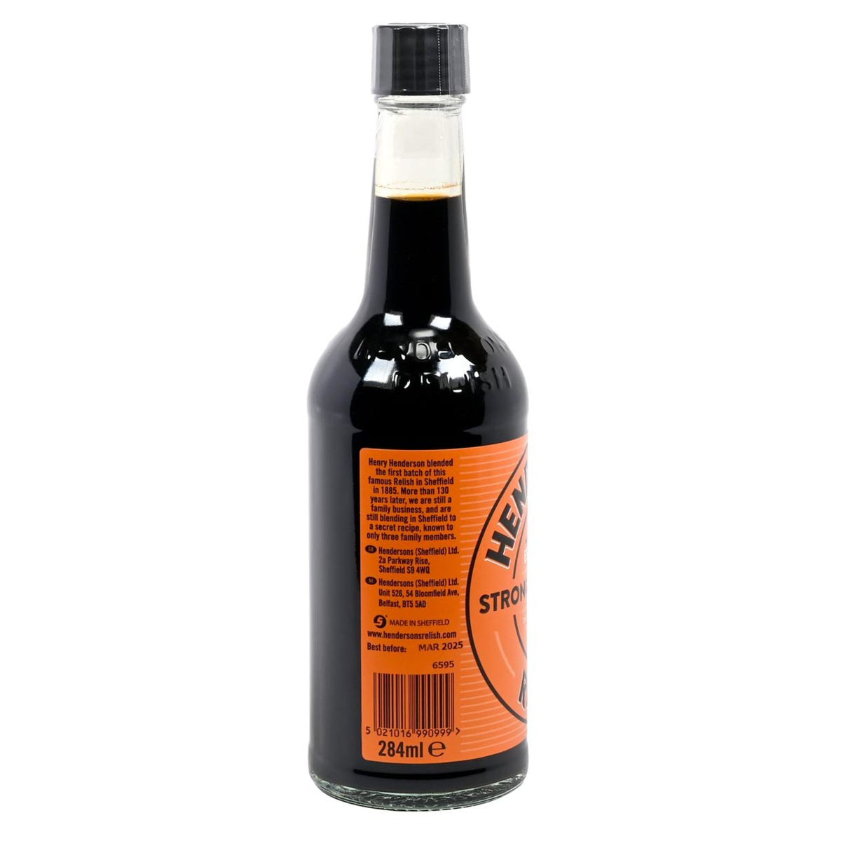 Bottle of Henderson's Strong Relish sauce on a white background