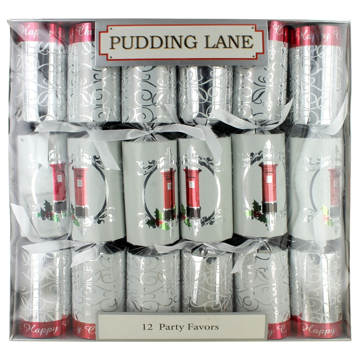 Pack of Pudding Lane Christmas crackers with red and silver design, containing 12 party favors.