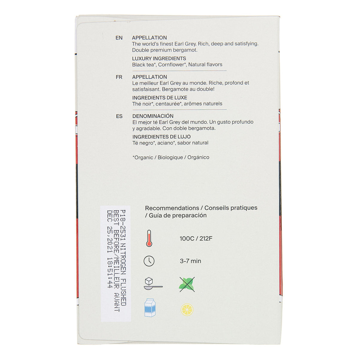 Tea package with text and icons on a white background