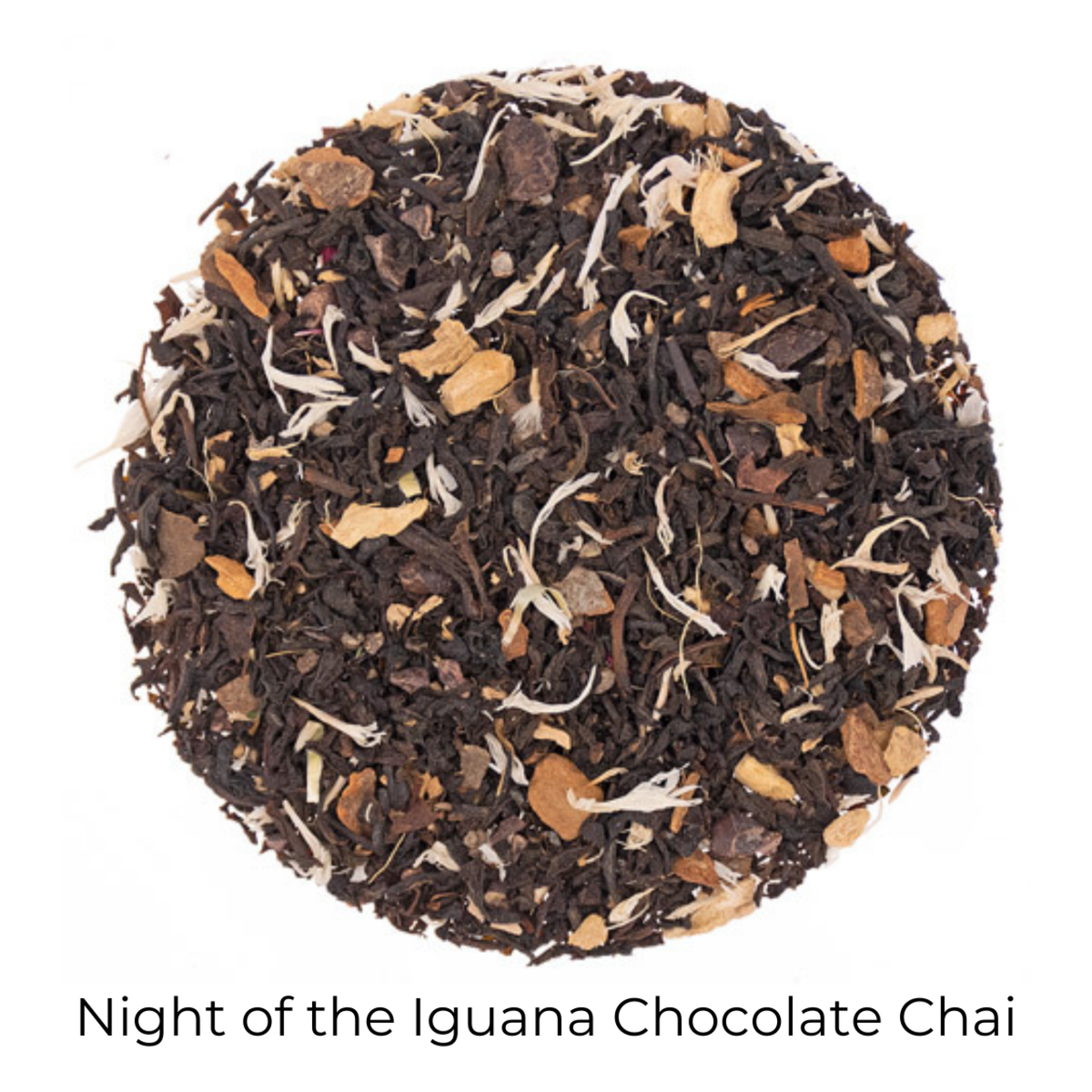 Night of the Iguana Chocolate Chai loose-leaf tea in a circular pattern on a white background with product name callout at the bottom