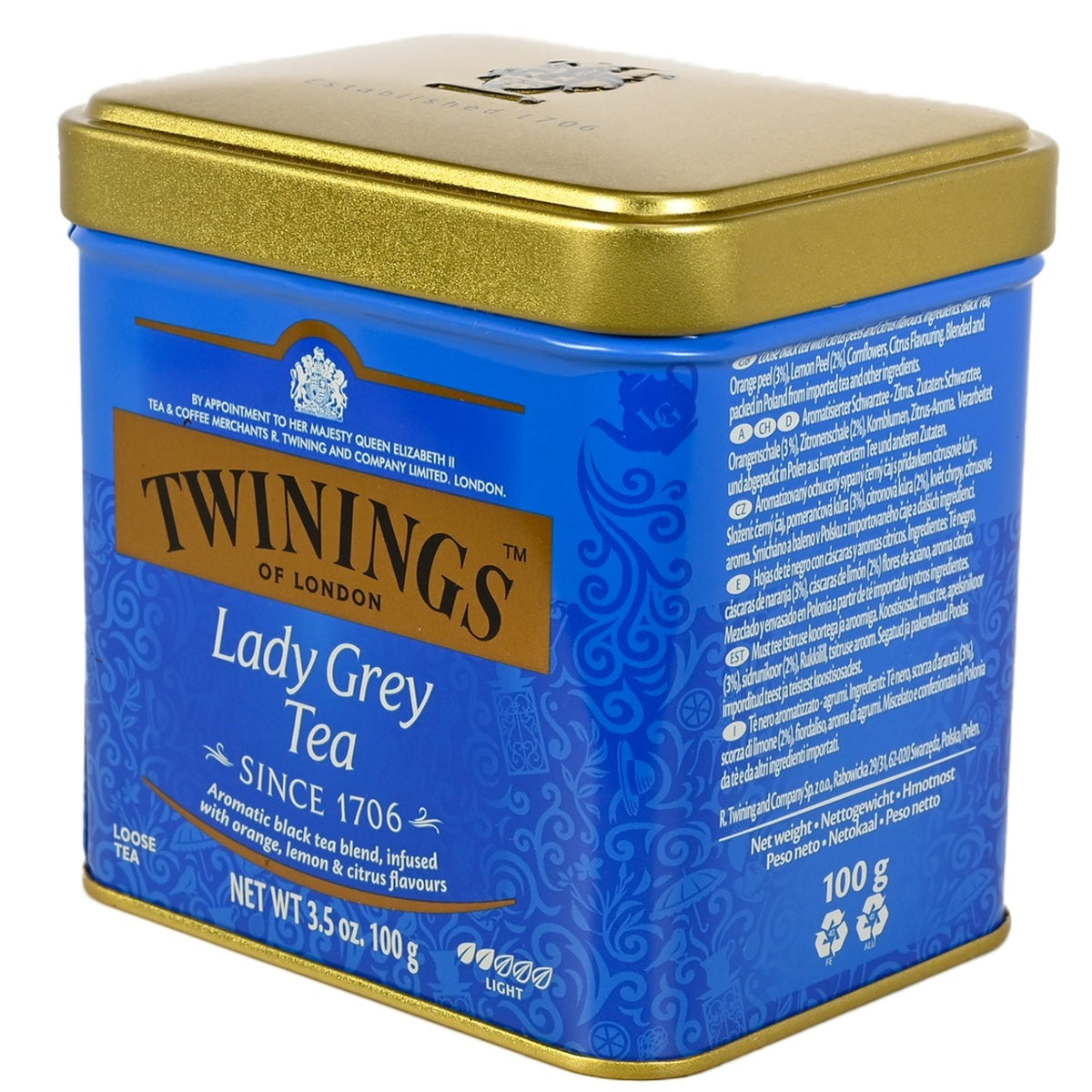 Twinings Lady Grey Tea canister with gold lid on a white background