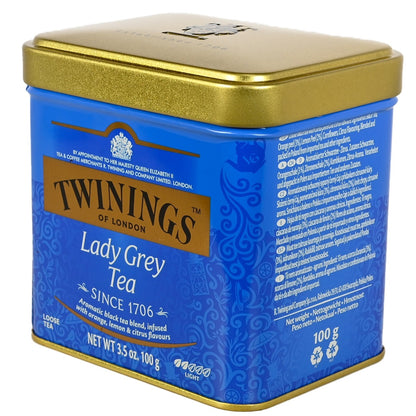 Twinings Lady Grey Tea canister with gold lid on a white background
