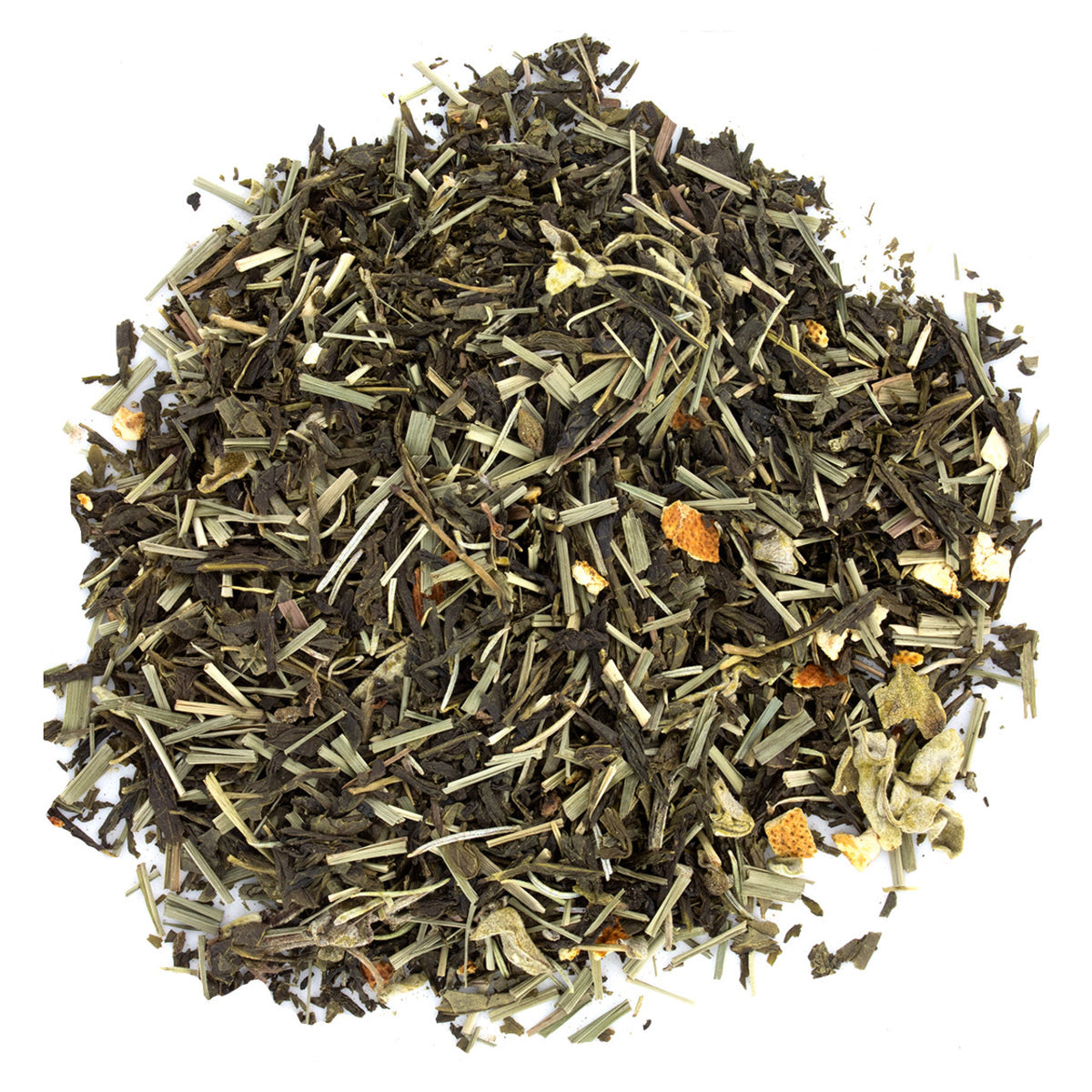 A pile of loose leaf tea with visible green tea leaves, pieces of lemongrass, and dried citrus fruit.
