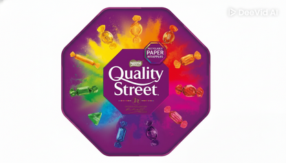Quality Street chocolate box with colorful candy illustrations on a white background