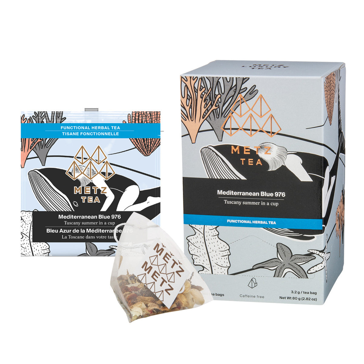 Metz Tea packaging with tea bags on a white background