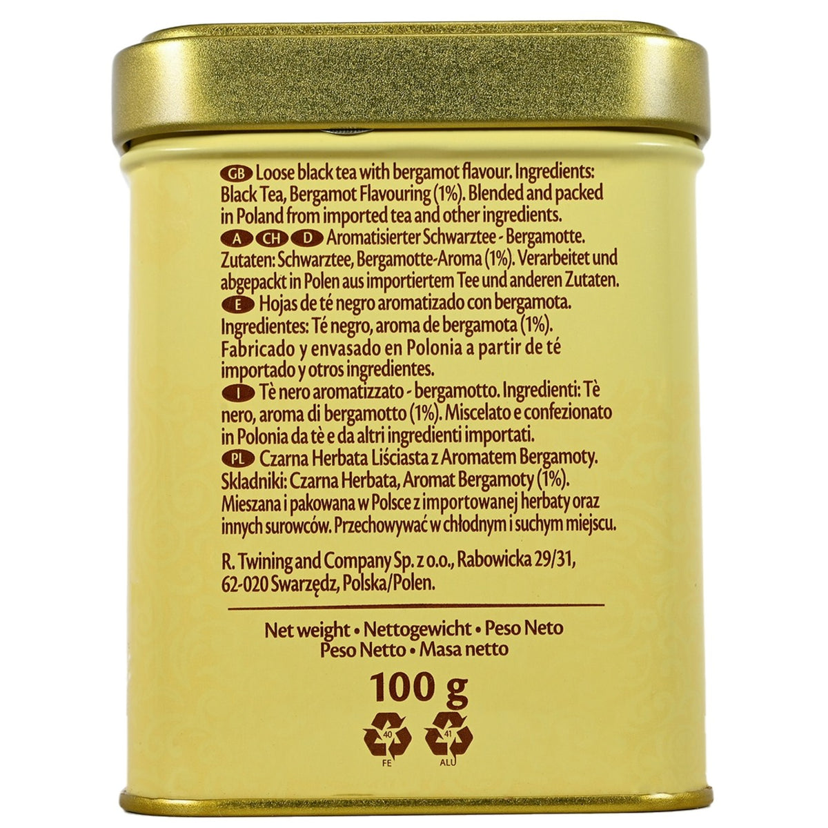 Gold tea canister with text on a white background