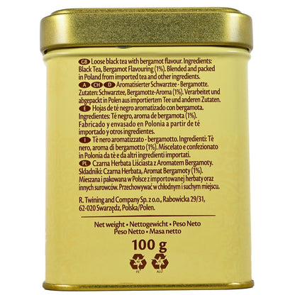 Gold tea canister with text on a white background