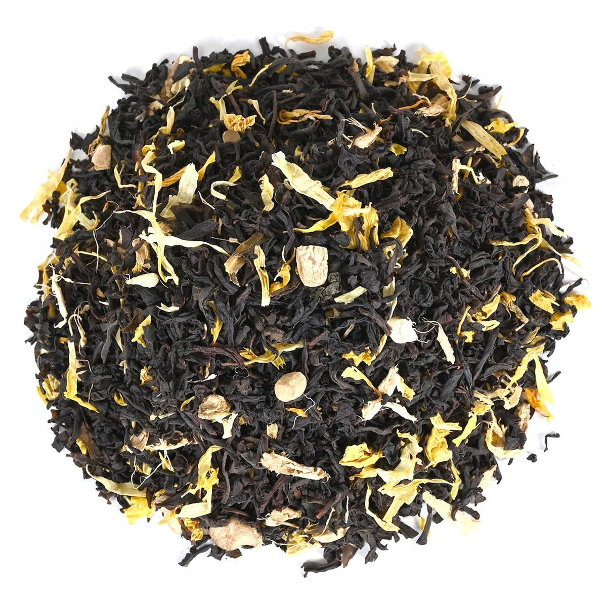 Black tea with gold leaf on a white background