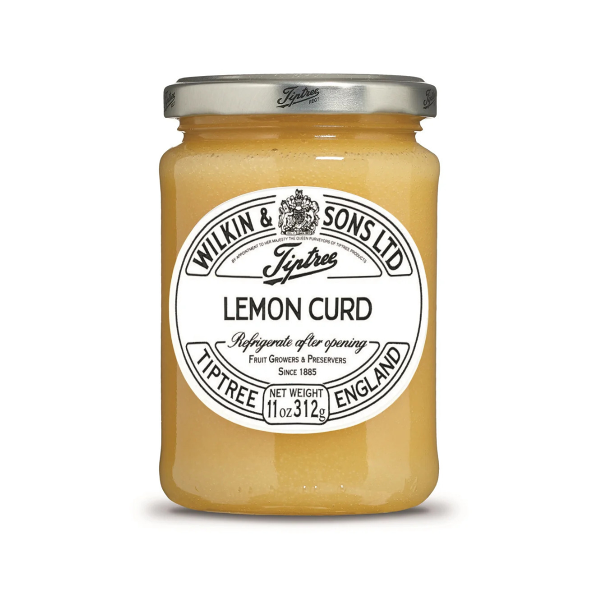 Jar of lemon curd with Tiptree label on a white background
