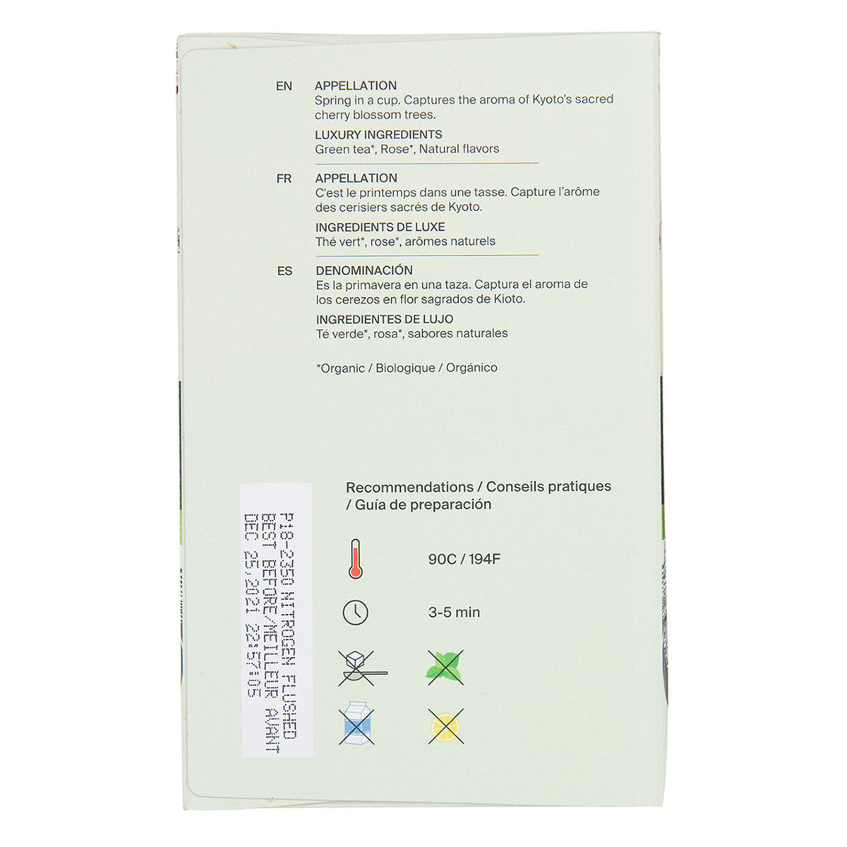 Tea box packaging with text and icons on a white background