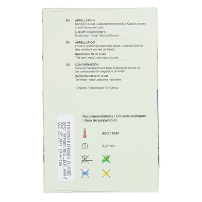 Tea box packaging with text and icons on a white background