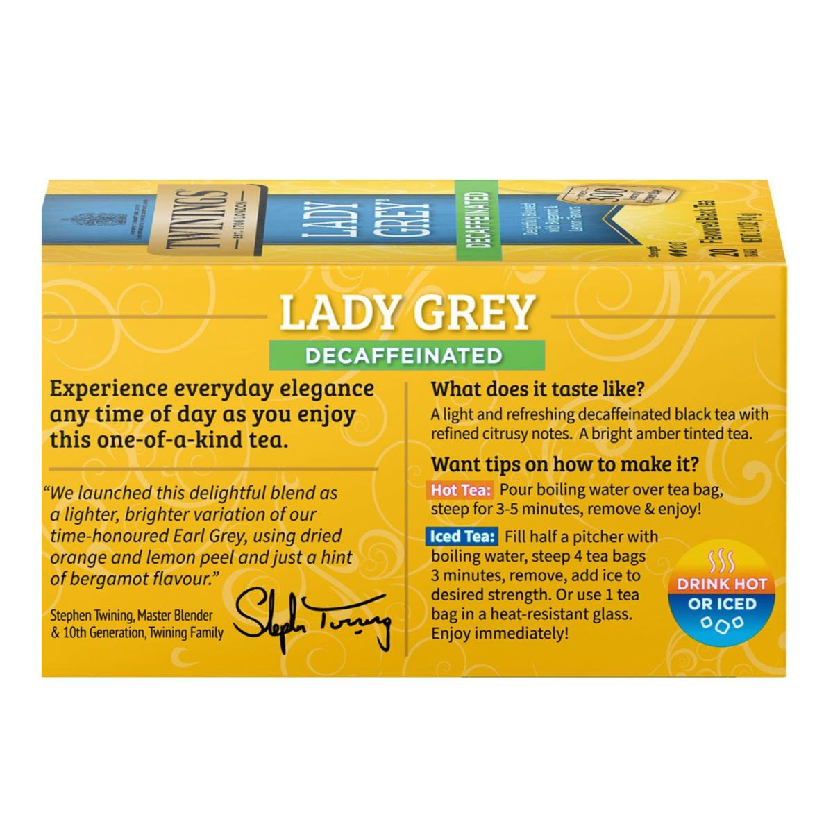 Box of Twinings Lady Grey Decaffeinated tea on a white background