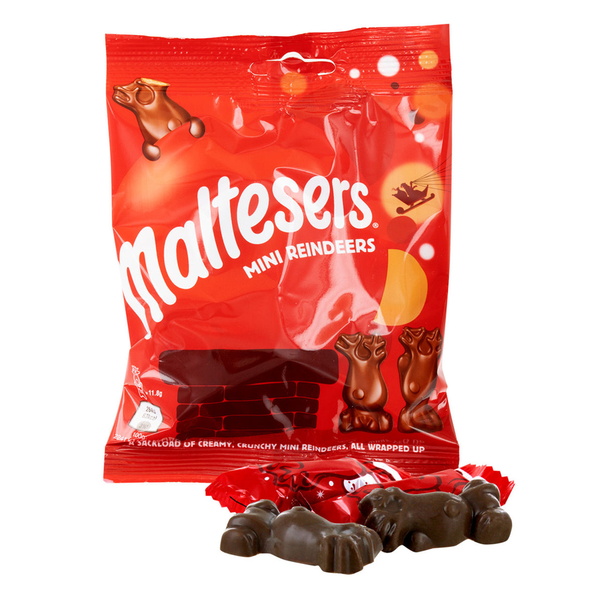 Red packaging of Maltesers Mini Reindeers with chocolate reindeer-shaped candies on a white background