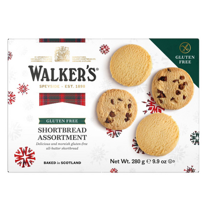 Box of Walkers gluten-free shortbread assortment on a white background
