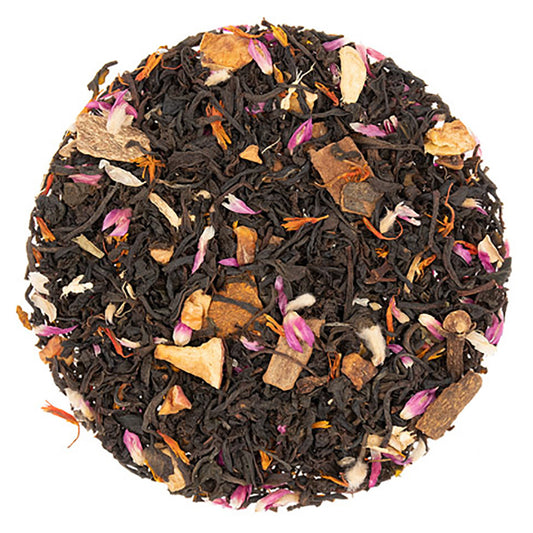 Tea blend with visible leaves and flowers on a white background
