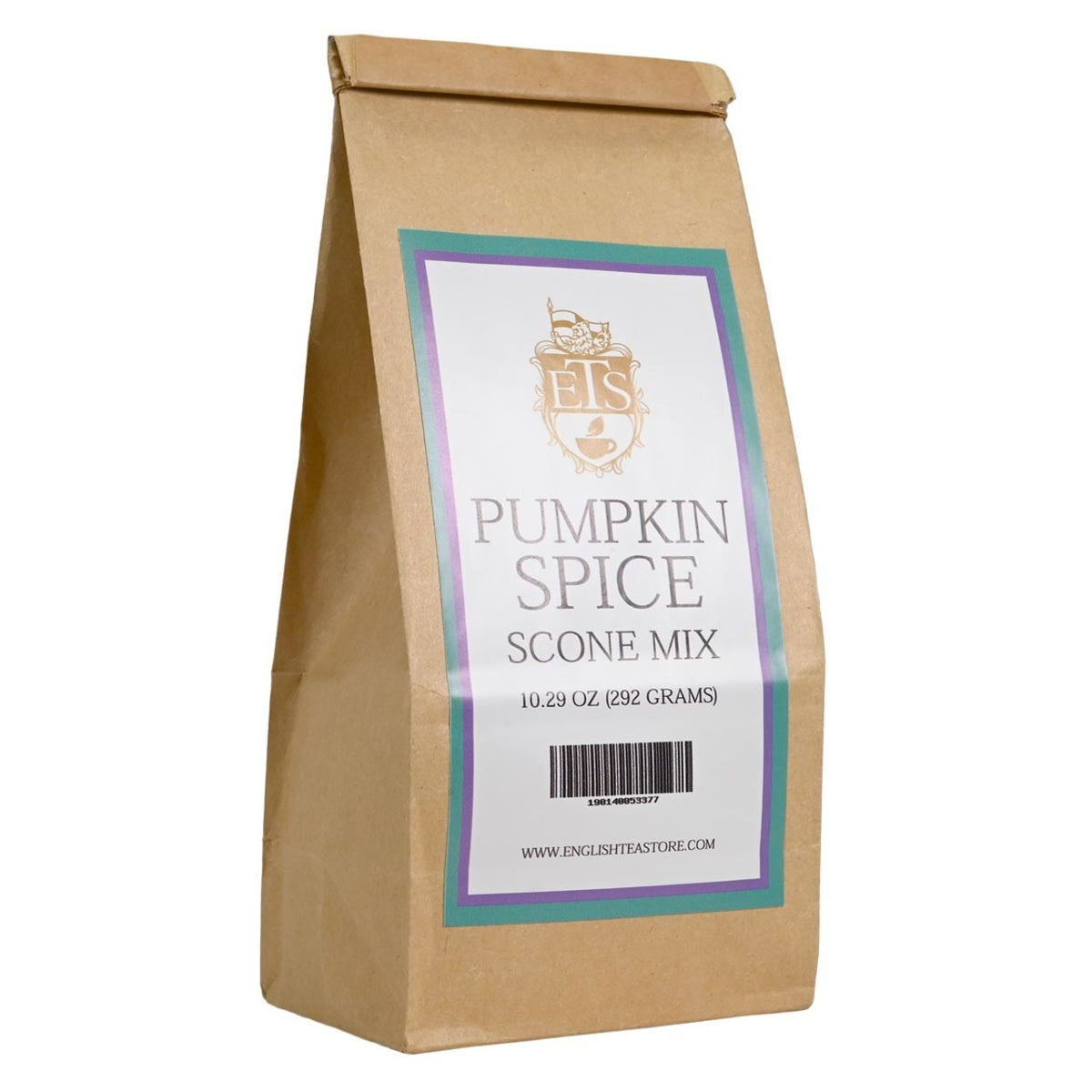 Brown paper bag of pumpkin spice scone mix with an ETS label on a white background