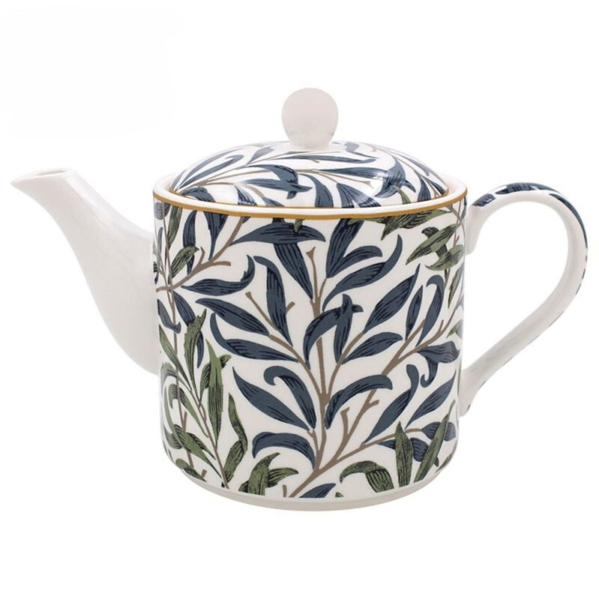White teapot with blue and green leaf pattern on a white background